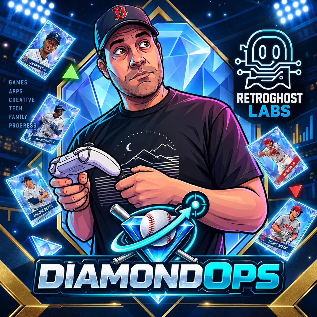 Illustration of Shaun in a baseball cap holding a game controller, with the DiamondOps and RetroGhost Labs logos behind him