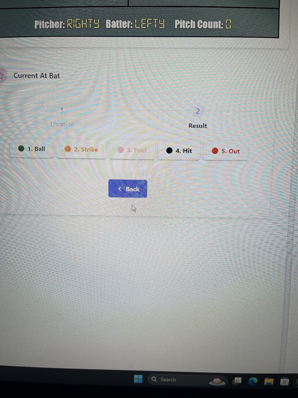 Screenshot of the original web app result-logging screen showing pitch outcome buttons and batter/pitcher matchup