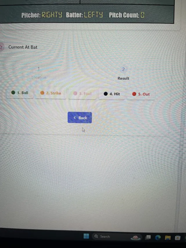 Screenshot of the original web app result-logging screen showing pitch outcome buttons and batter/pitcher matchup
