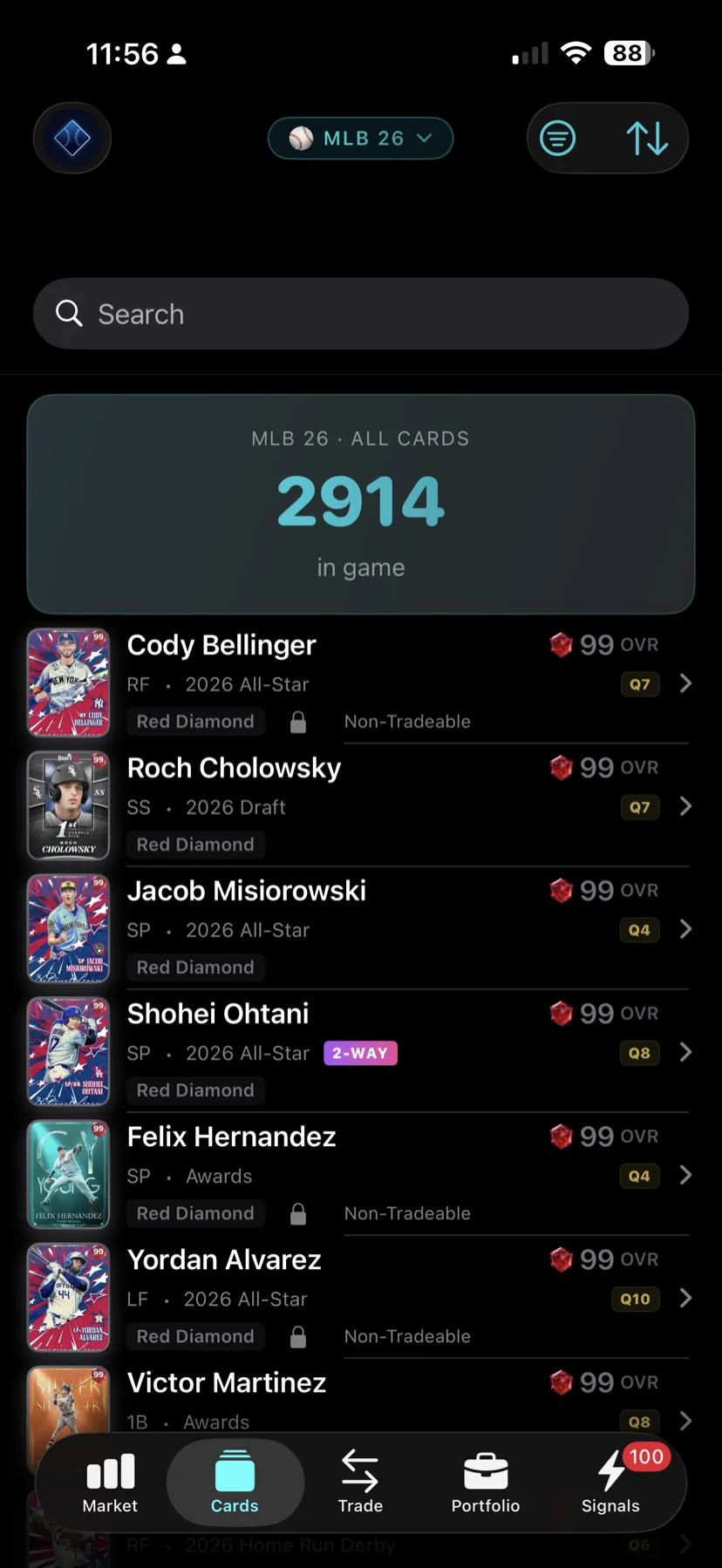 DiamondOps iOS Cards browser listing every card in MLB The Show 26 with overalls and quirks