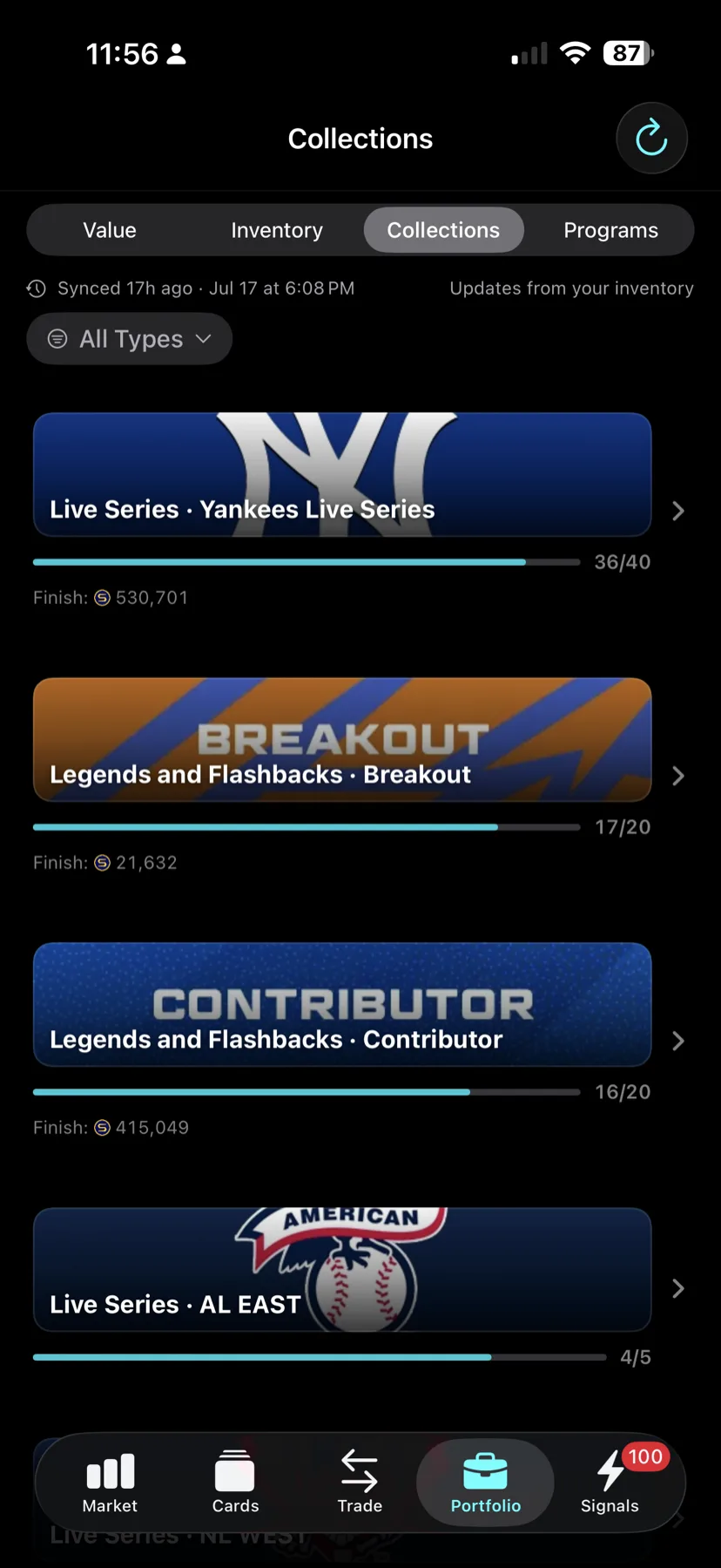 DiamondOps iOS Collections screen tracking progress toward Live Series and Legends collections