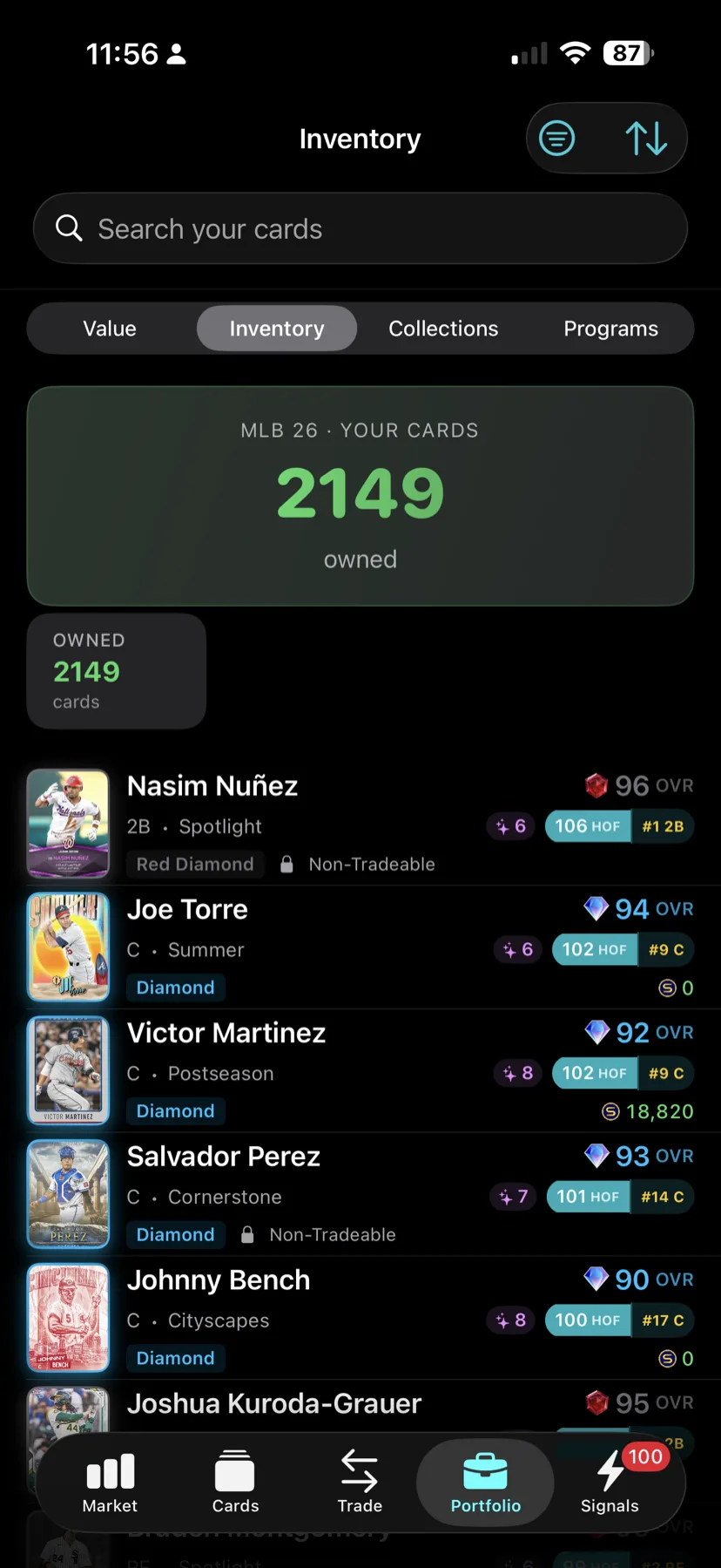 DiamondOps iOS Inventory screen showing a synced Diamond Dynasty collection of more than 2,000 cards with overalls and quirks