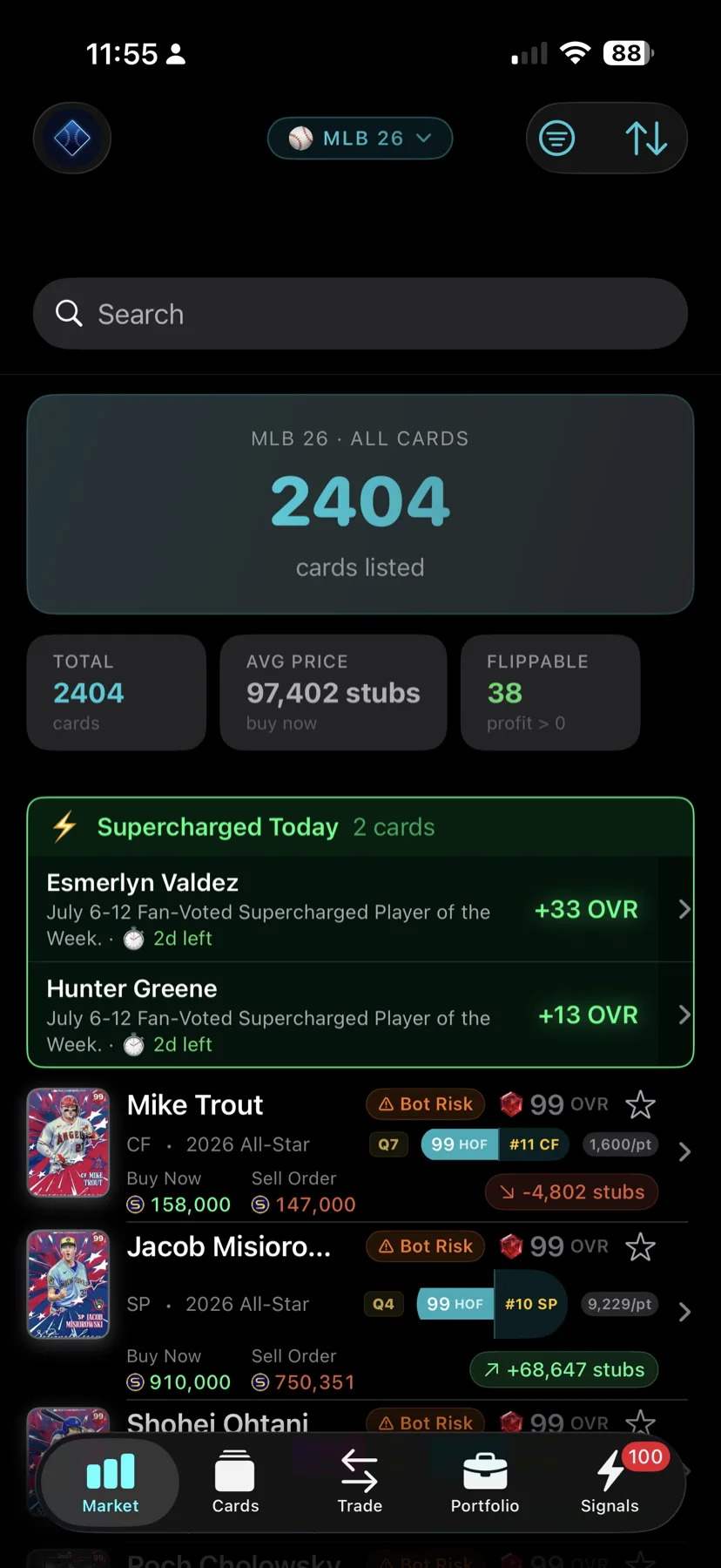 DiamondOps iOS Market screen listing cards with buy-now and sell-order prices, Supercharged players, and bot-risk warnings