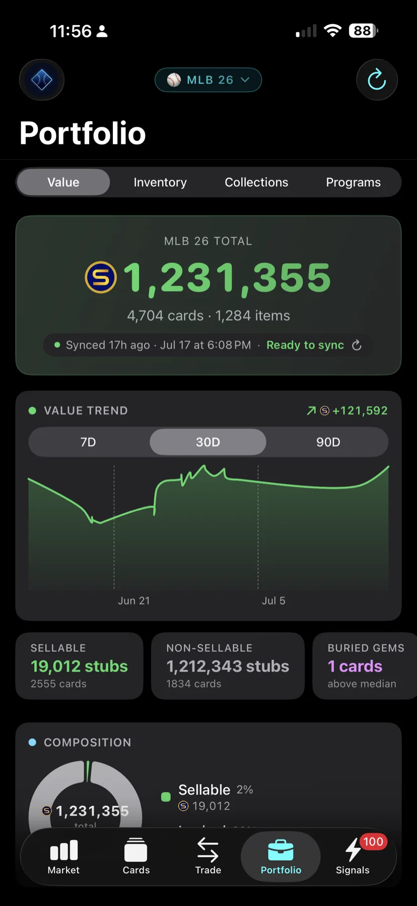 DiamondOps iOS Portfolio dashboard showing a total collection value of over 1.2 million stubs, a 30-day value trend chart, and a Buried Gems count