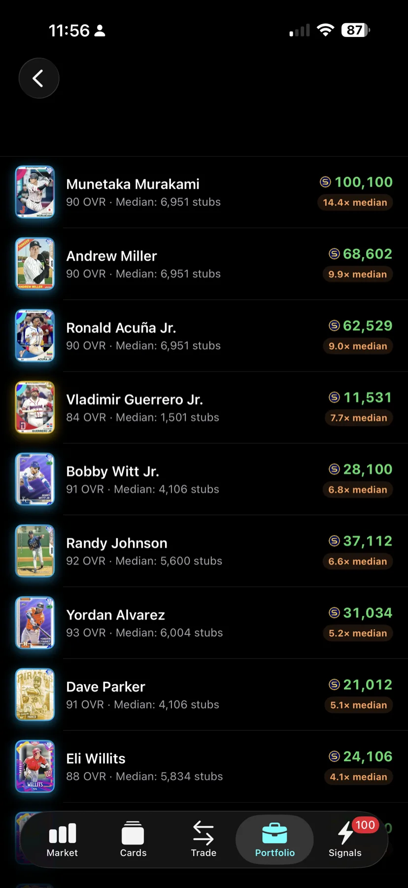 DiamondOps iOS Value screen listing top holdings ranked by how many times their median price they are worth