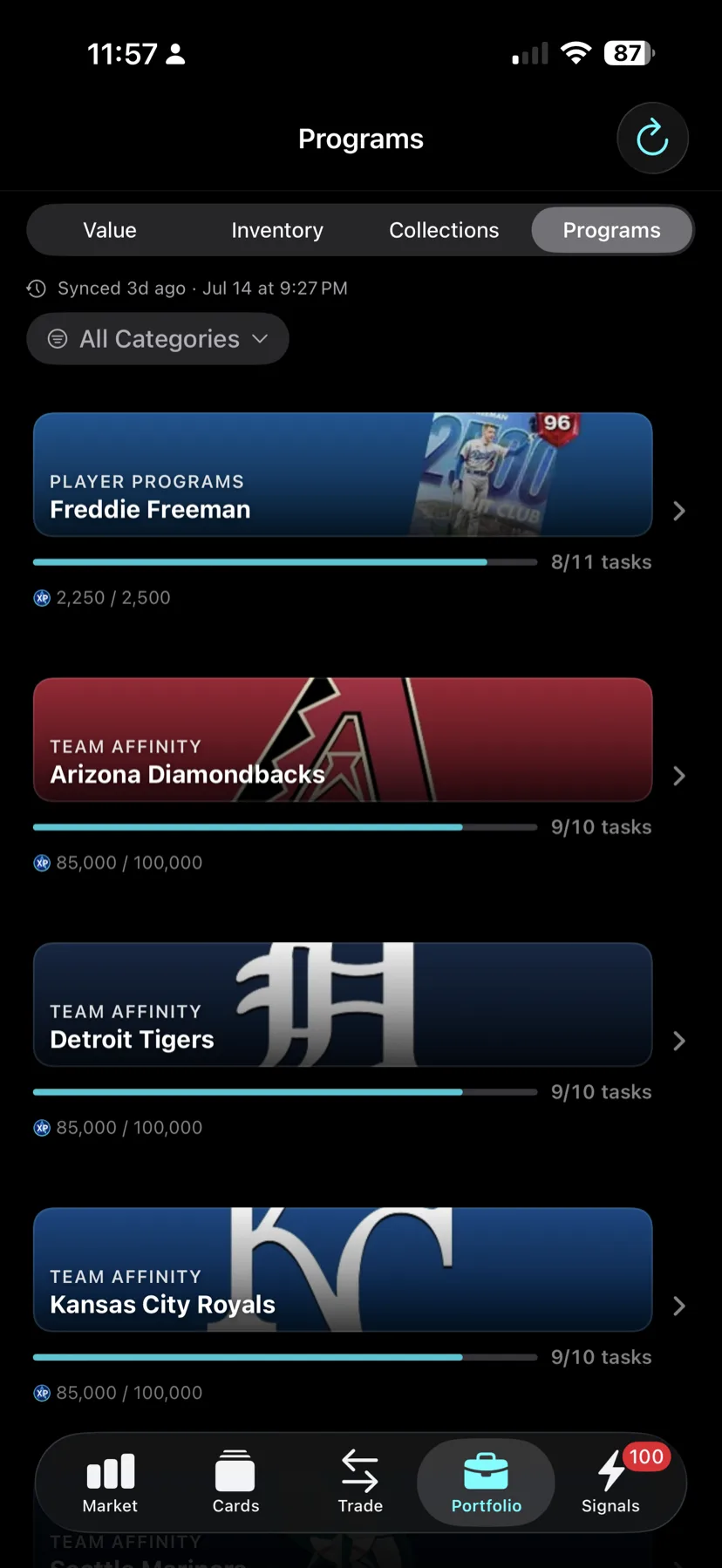 DiamondOps iOS Programs screen tracking Team Affinity and player program progress