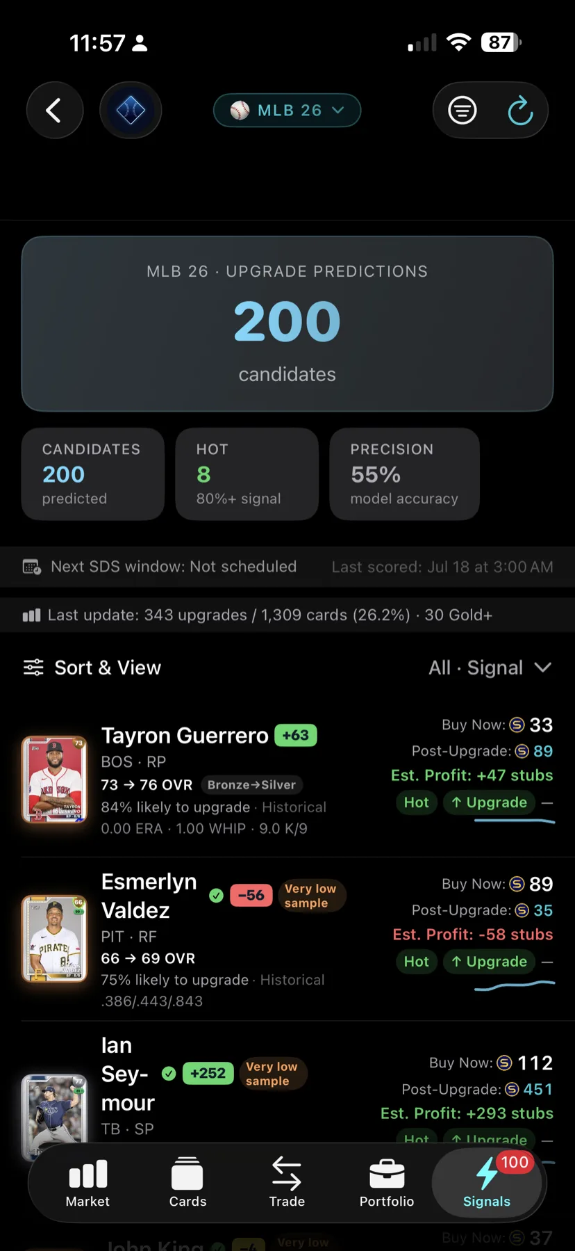 DiamondOps iOS Signals screen with Diamond Radar upgrade predictions, showing buy-now prices and estimated profit per card