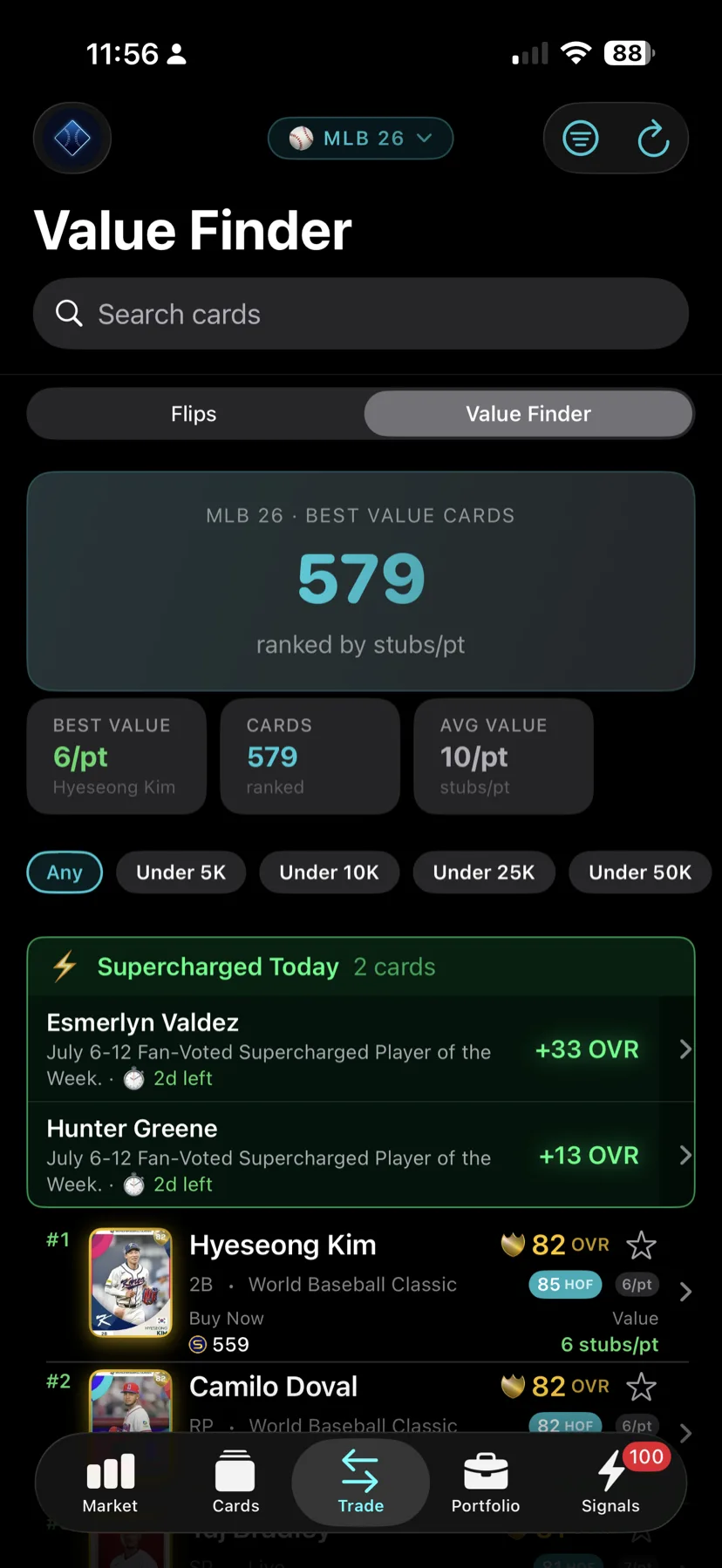 DiamondOps iOS Value Finder ranking the best-value cards by stubs per point with price filters