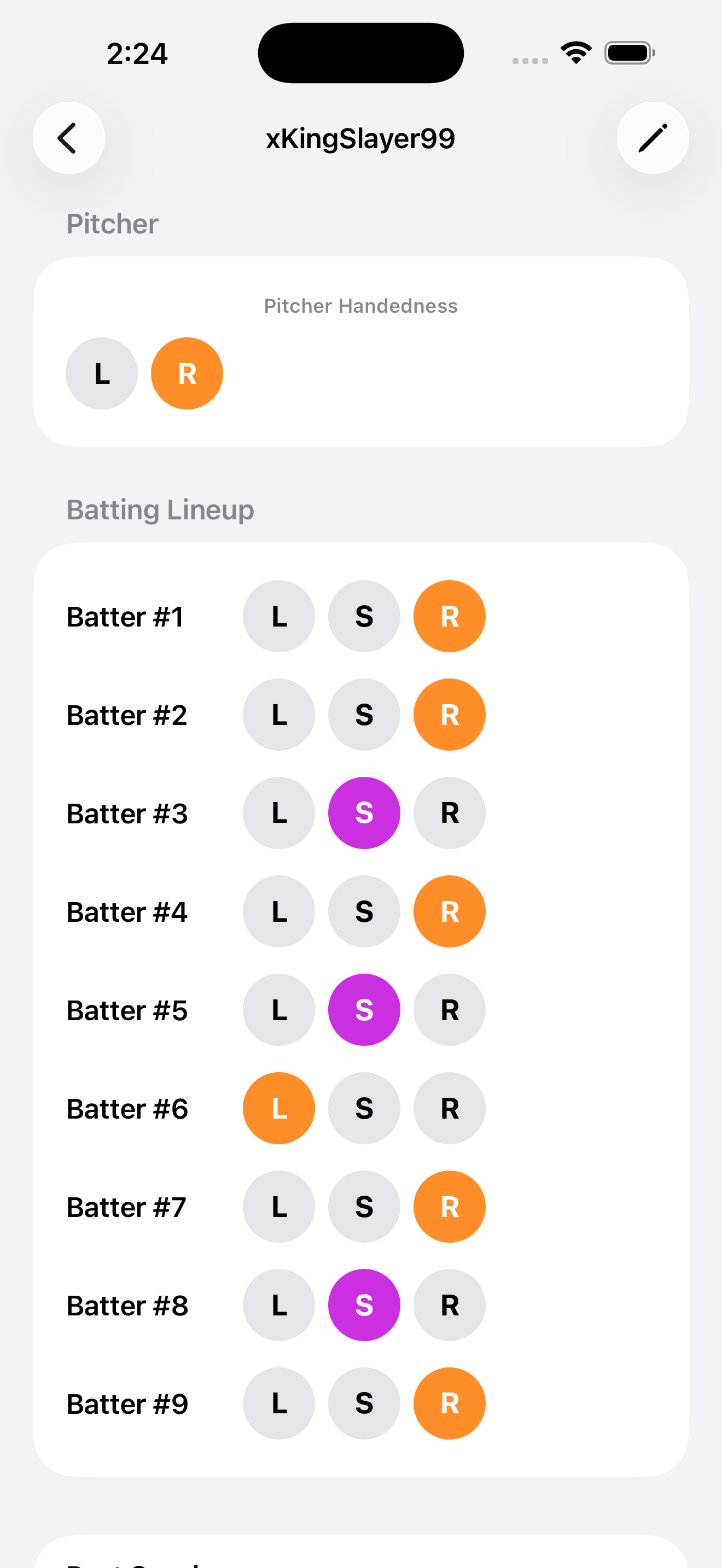 PitchGuessr game setup screen — enter opponent name and pitcher handedness
