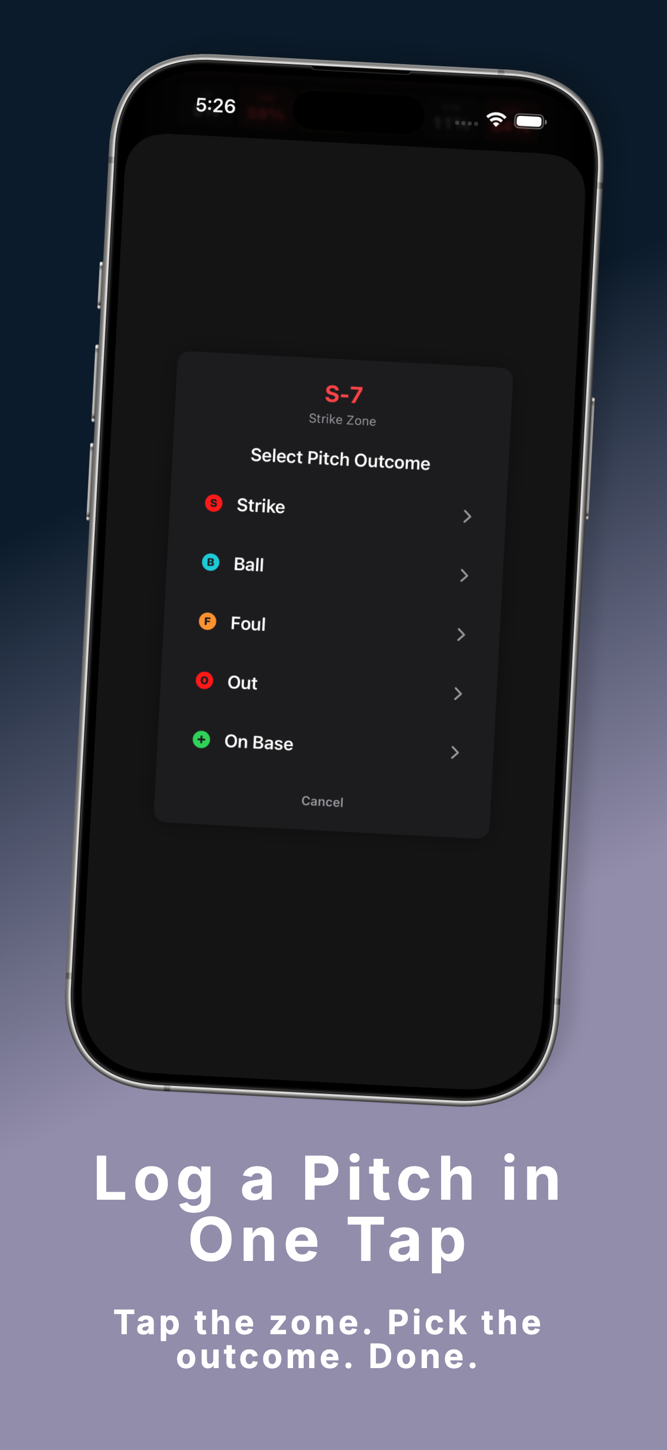 PitchGuessr pitch logging screen — tap the zone, pick the outcome