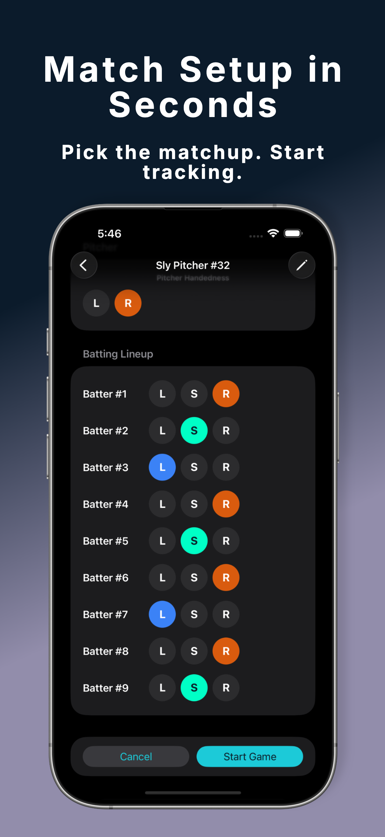 PitchGuessr game setup screen — enter opponent name and pitcher handedness