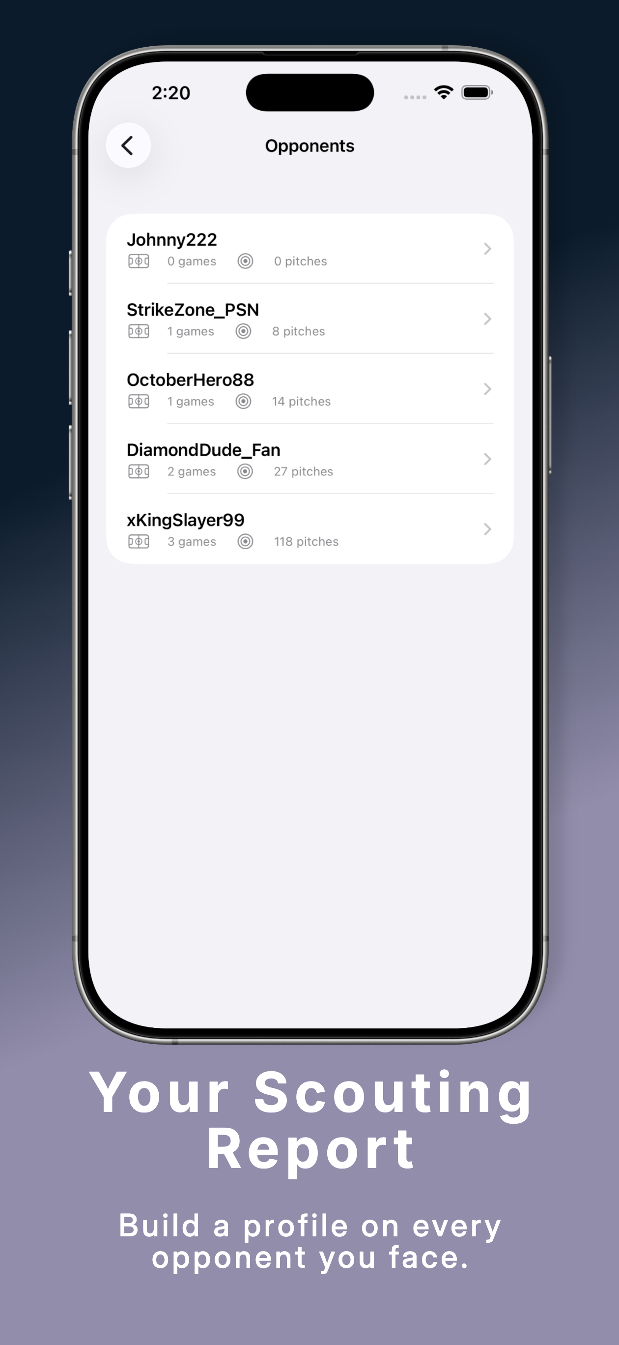 PitchGuessr opponent list showing saved scouting reports across multiple games