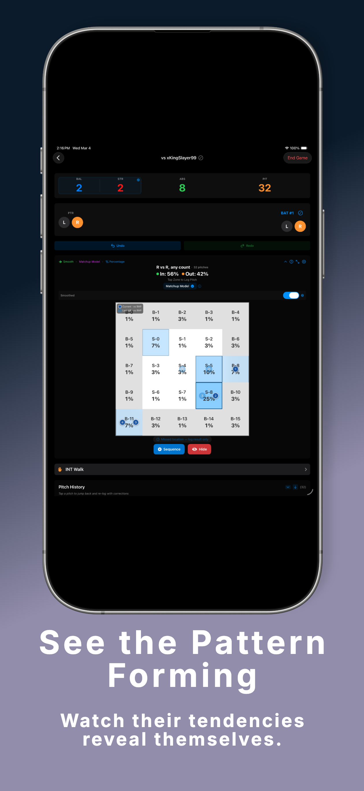 PitchGuessr pitch sequence view showing pitch-by-pitch pattern building