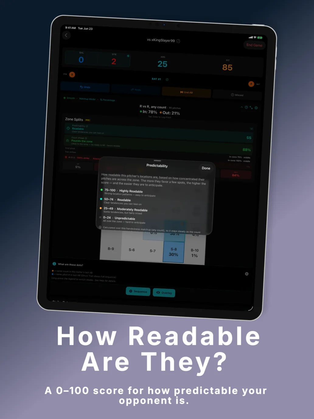 PitchGuessr v1.4 on iPad — Predictability explainer over the live game view