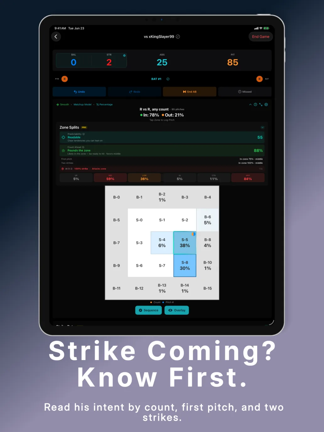 PitchGuessr v1.4 on iPad — full-size 25-zone heatmap with Zone Splits and Situational Tendencies