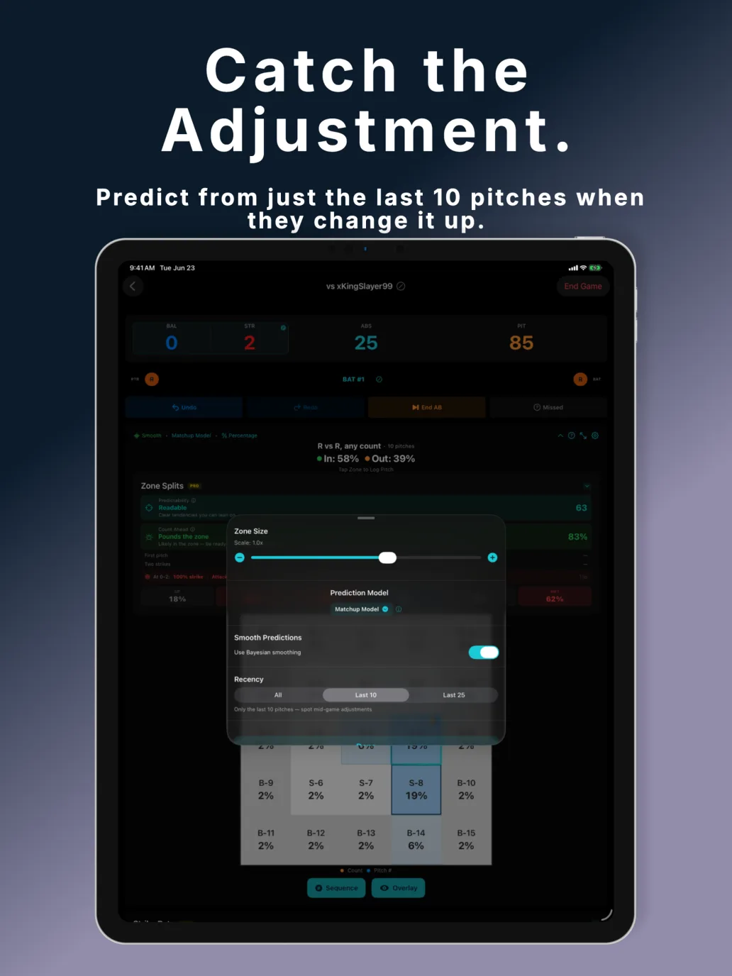 PitchGuessr v1.4 on iPad — prediction controls with the Recency Window set to the last 10 pitches