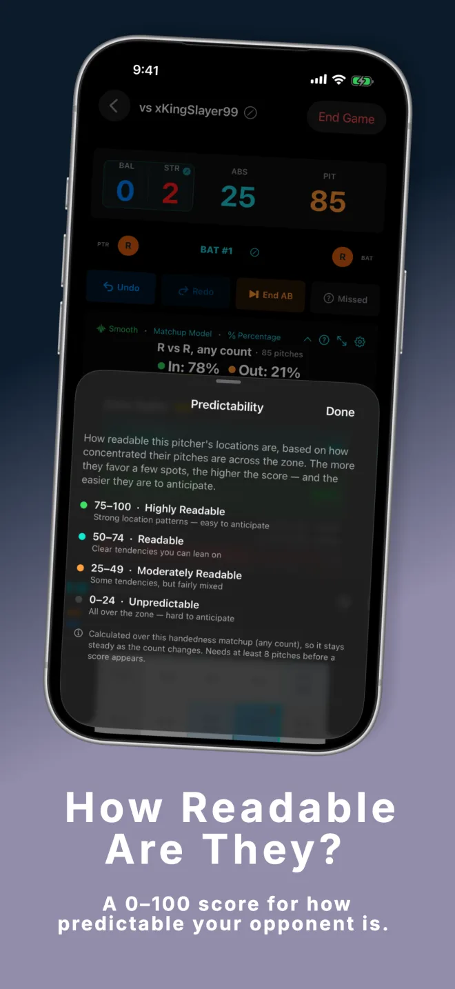 PitchGuessr v1.4 Predictability Score sheet on iPhone — 0 to 100 scale from Unpredictable to Highly Readable