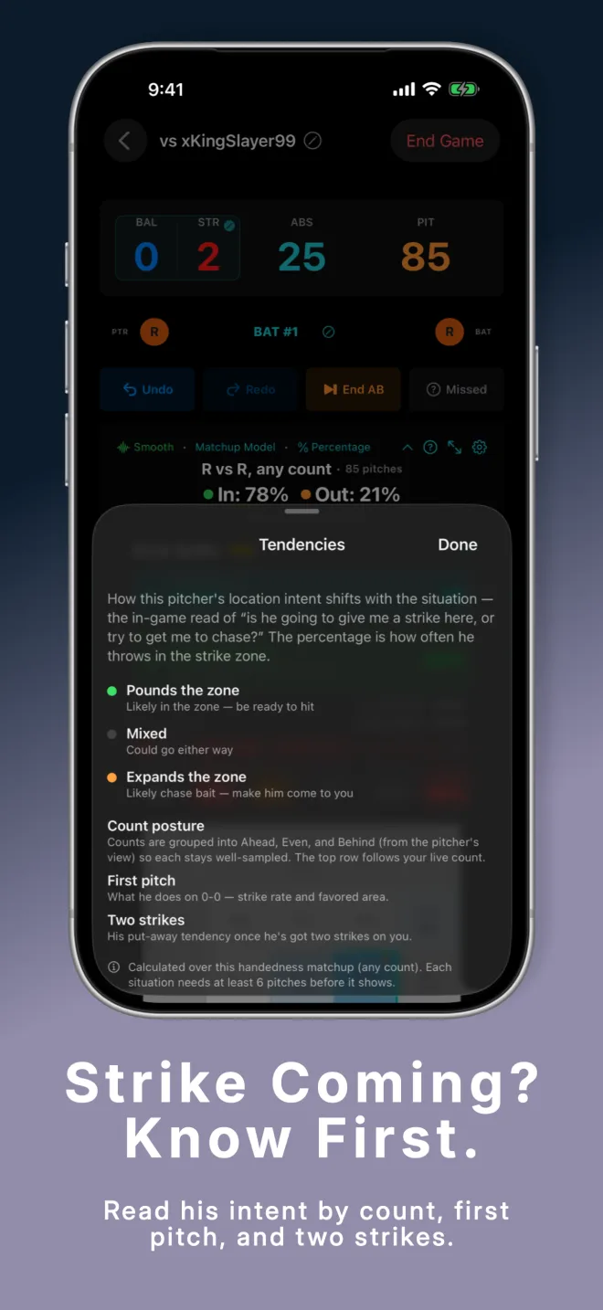 PitchGuessr v1.4 Situational Tendencies sheet on iPhone — pounds the zone, mixed, or expands the zone by count