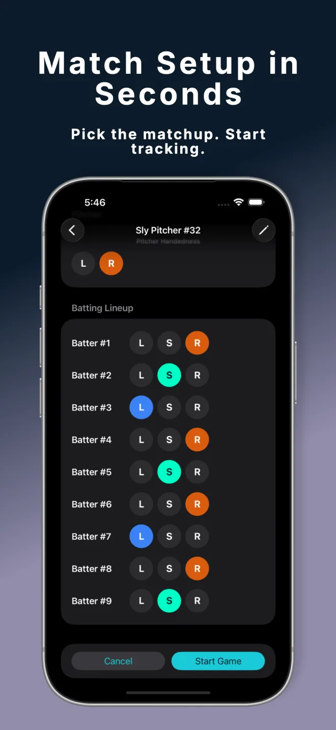 PitchGuessr v1.4 match setup — pick pitcher handedness and set each batter as left, switch or right