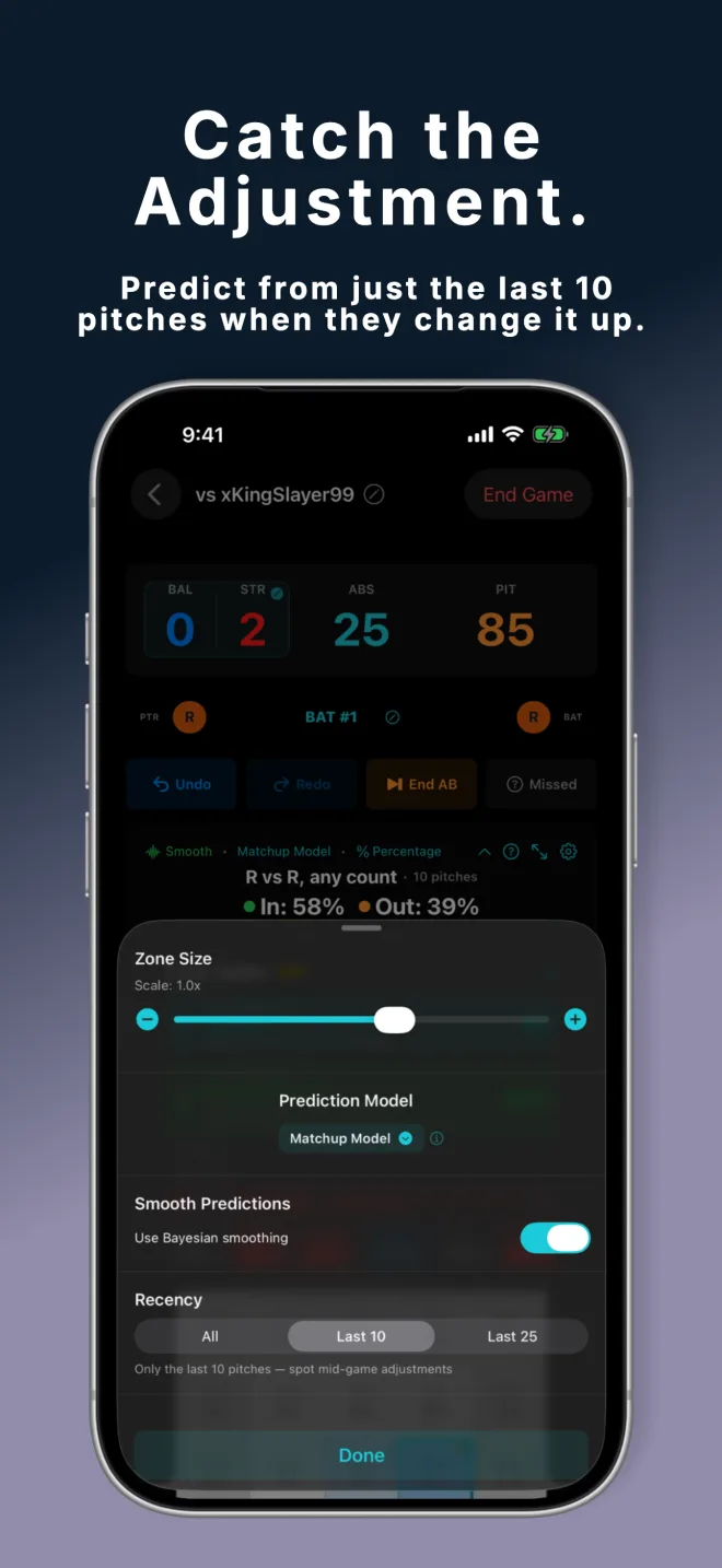 PitchGuessr v1.4 prediction controls on iPhone with the Recency Window set to the last 10 pitches