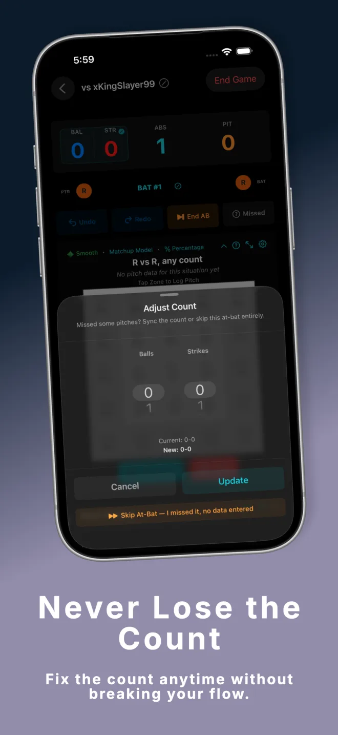 PitchGuessr v1.4 Adjust Count sheet — fix balls and strikes or skip an at-bat mid-game