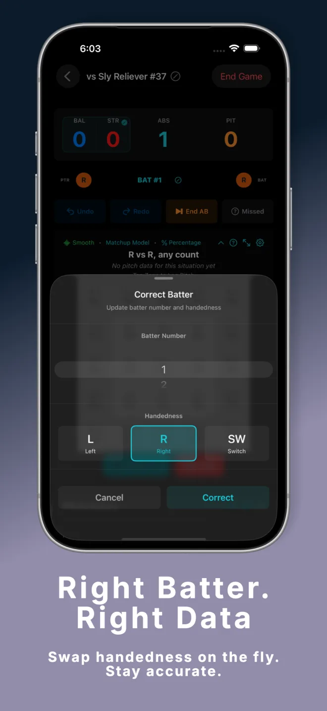 PitchGuessr v1.4 Correct Batter sheet — change batter number and handedness on the fly