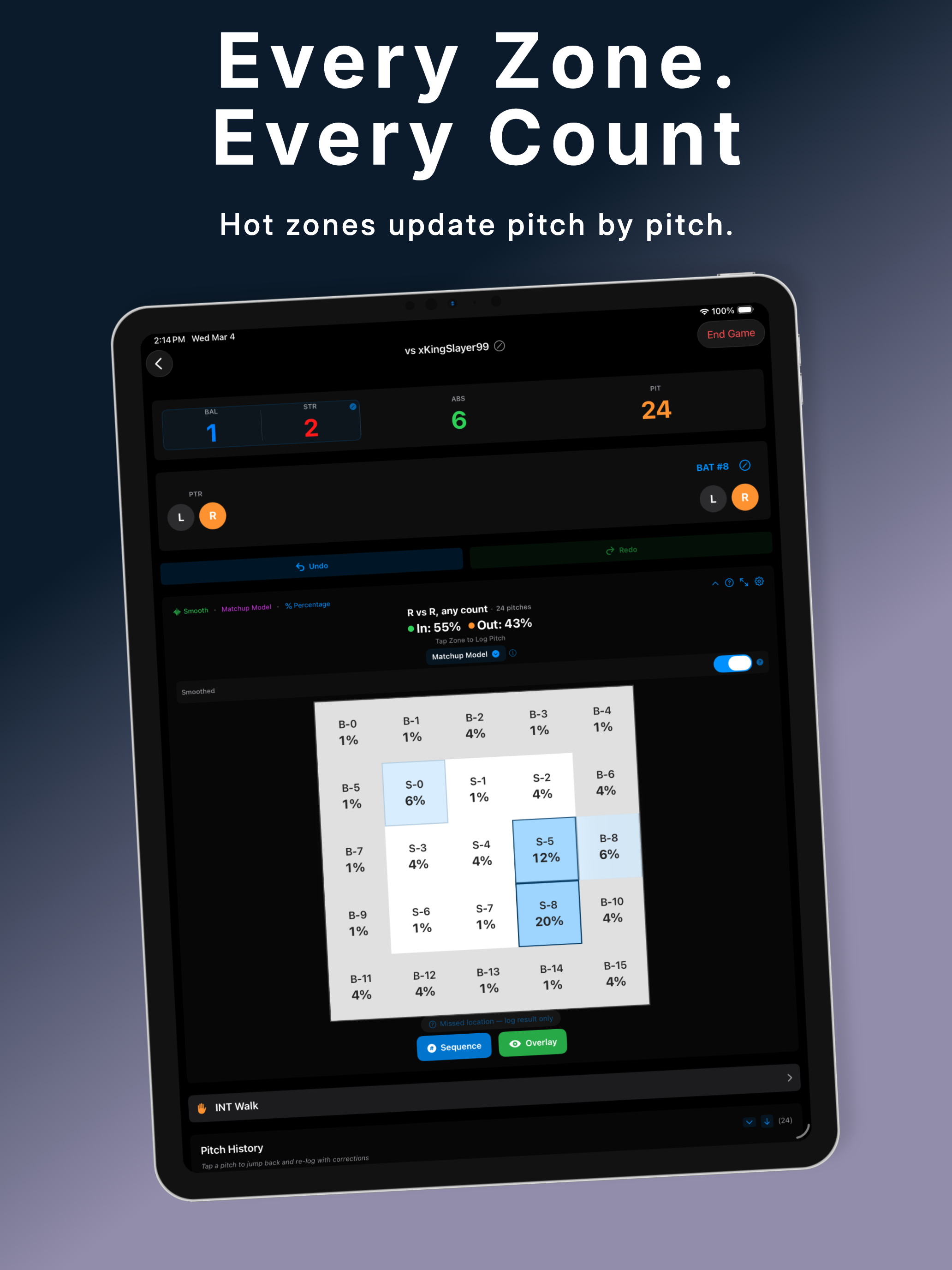 PitchGuessr on iPad — every zone every count with expanded controls