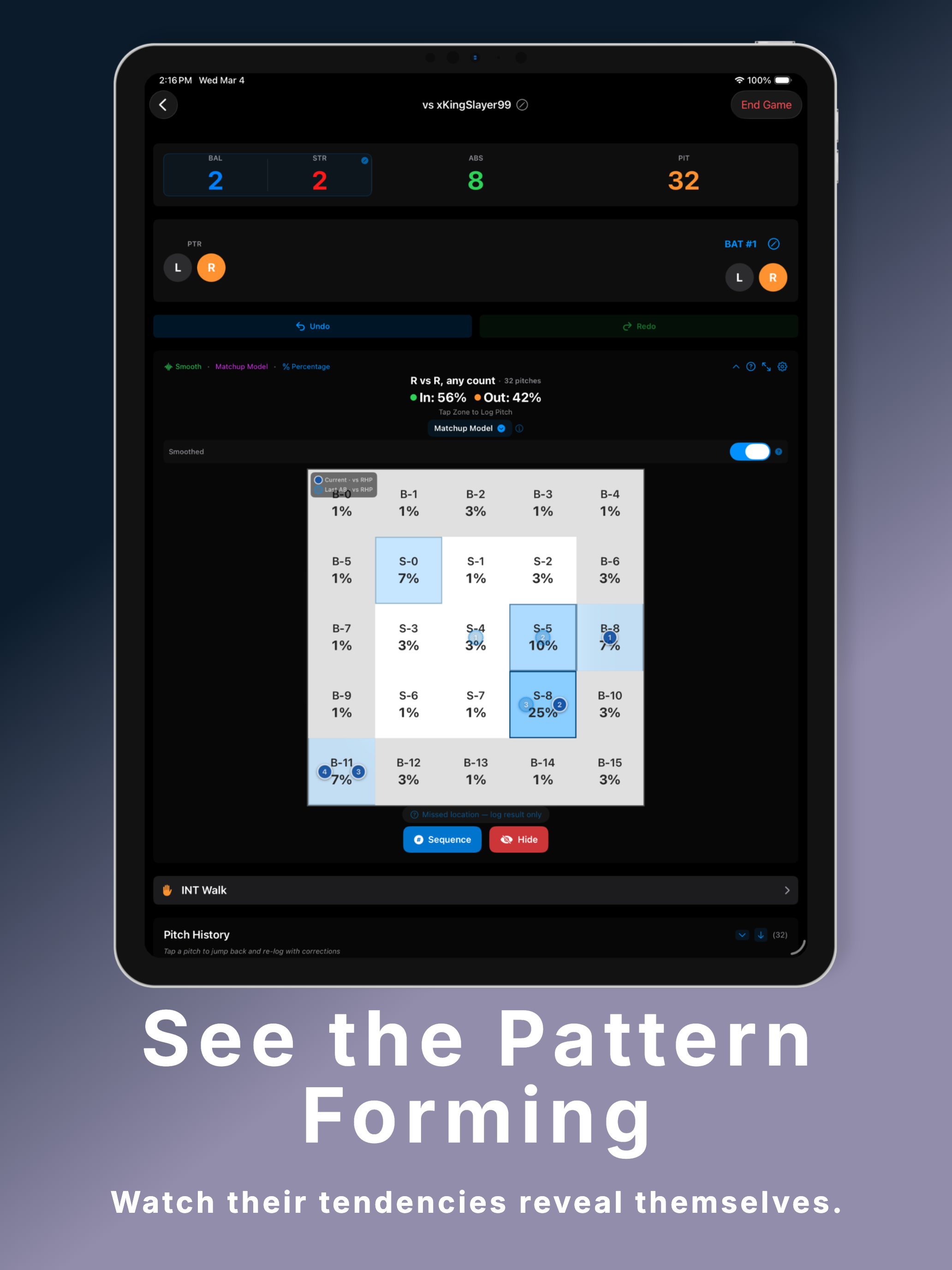 PitchGuessr on iPad — pitch sequence overlay showing patterns