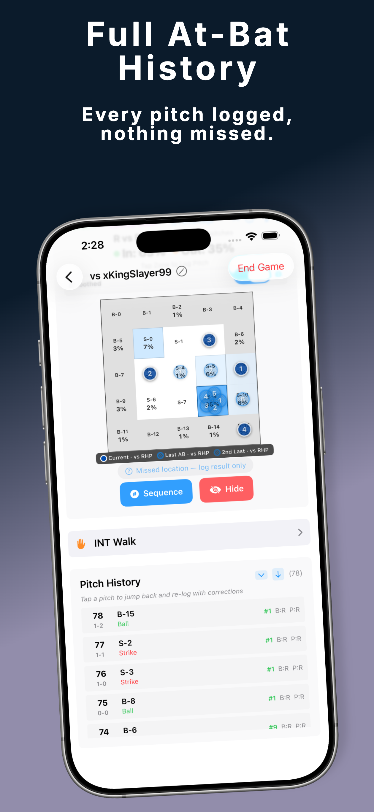 PitchGuessr v1.2 at-bat history