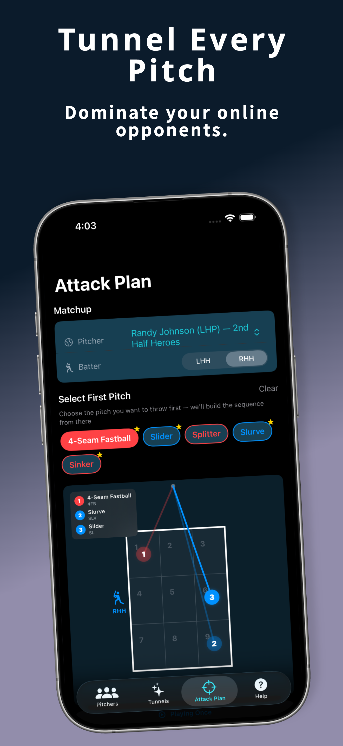 PitchTunnels Attack Plan — animated 3-pitch at-bat sequences