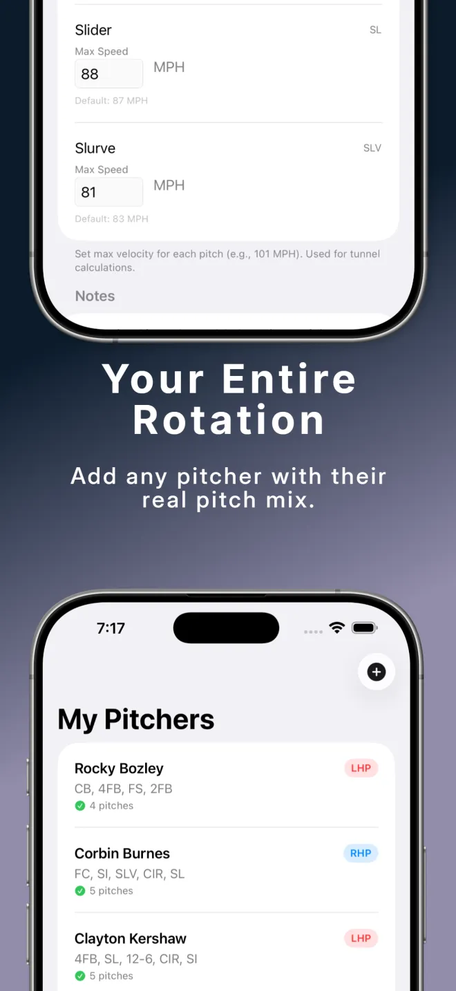 PitchTunnels pitcher list showing Rocky Bozley, Corbin Burnes, Clayton Kershaw with their pitch types