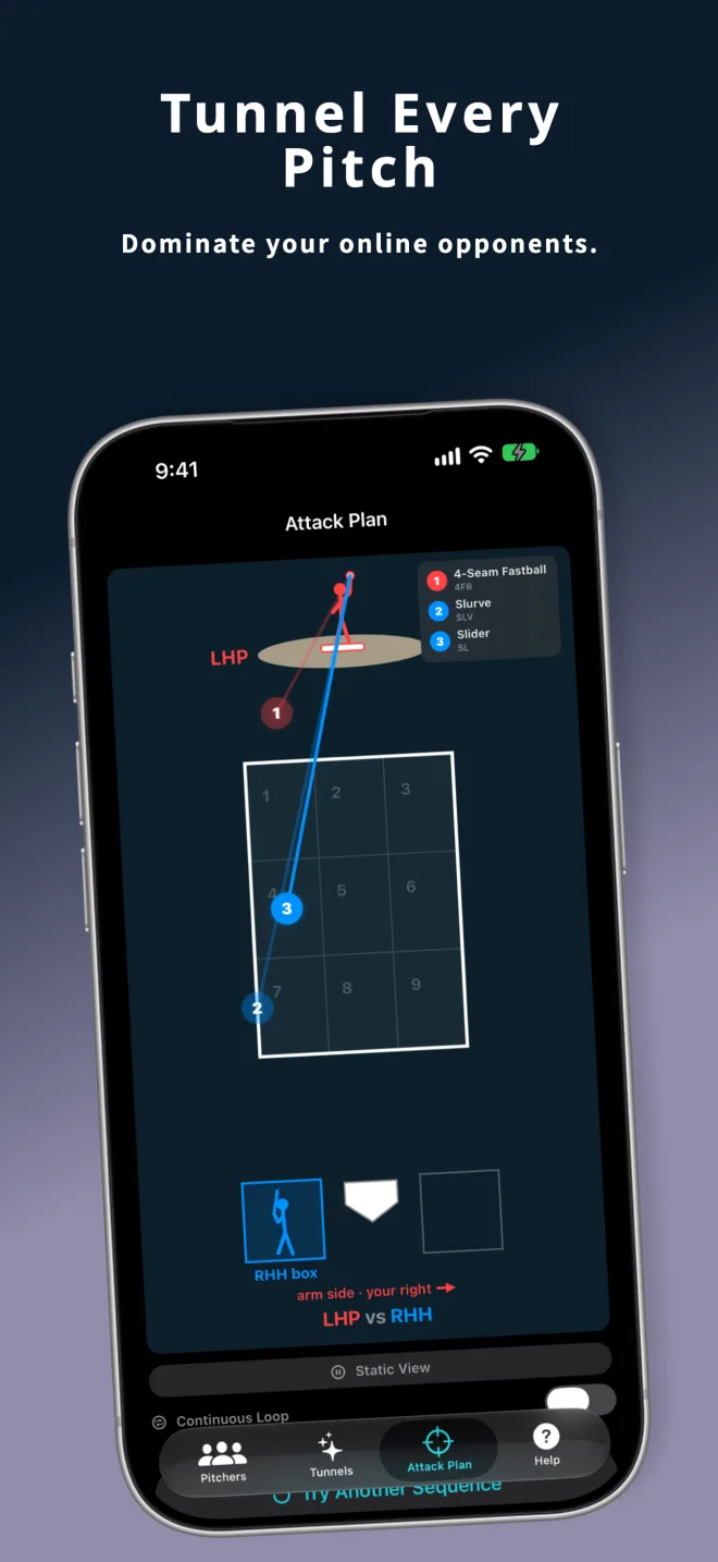 PitchTunnels v1.4 Attack Plan on iPhone — an animated pitch sequence plotted through the strike zone