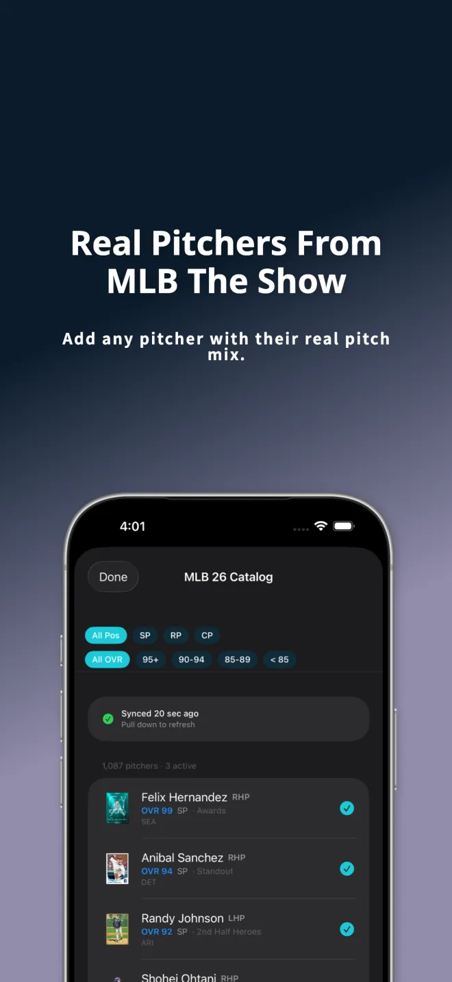 PitchTunnels v1.4 MLB 26 pitcher catalog on iPhone — real pitchers from MLB The Show with card art and ratings