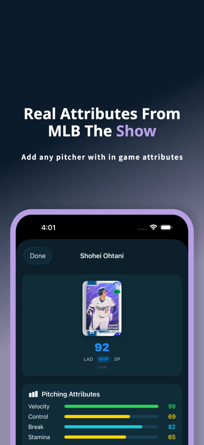 PitchTunnels v1.4 pitcher detail on iPhone — card art with velocity, control, break and stamina attributes