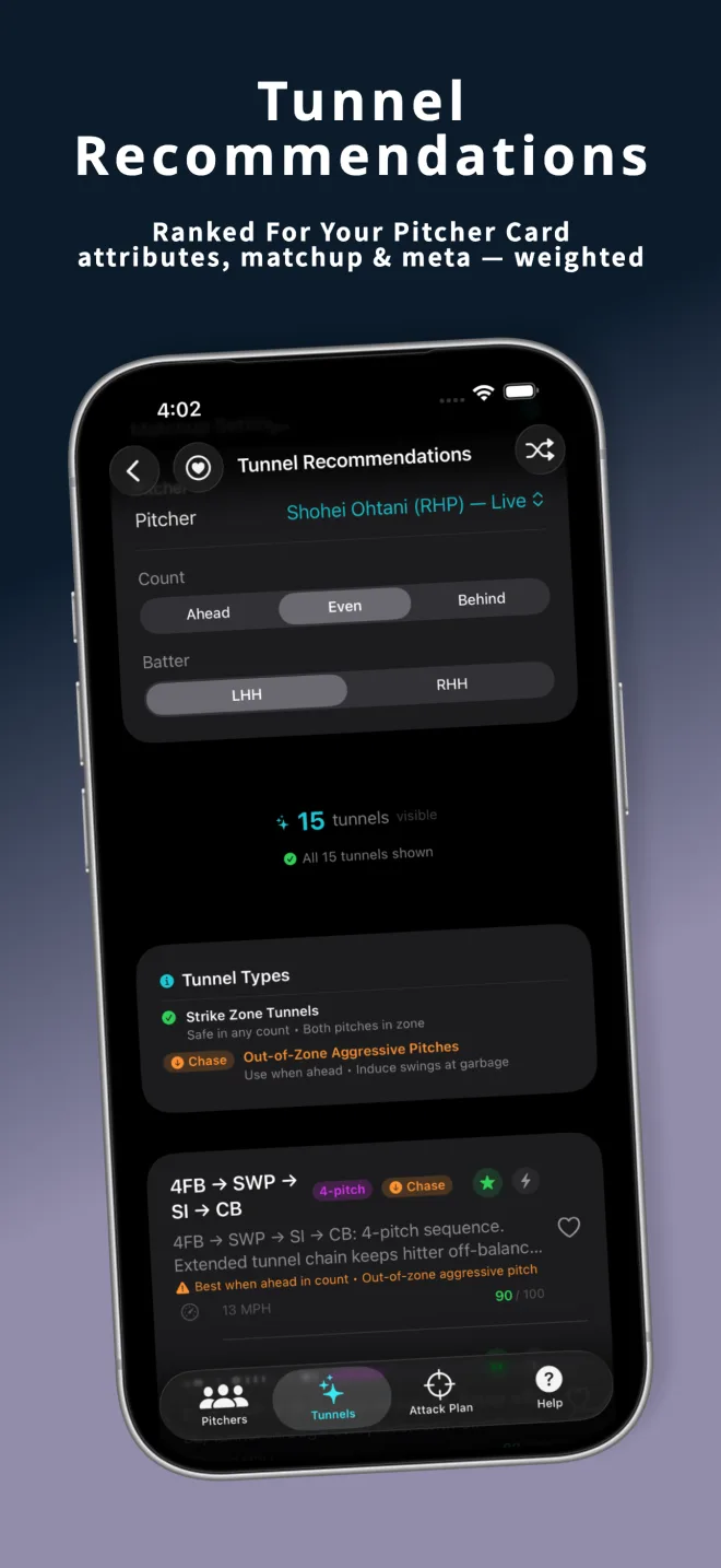 PitchTunnels v1.4 Tunnel Recommendations on iPhone — tunnels ranked for the pitcher card, count, and batter handedness