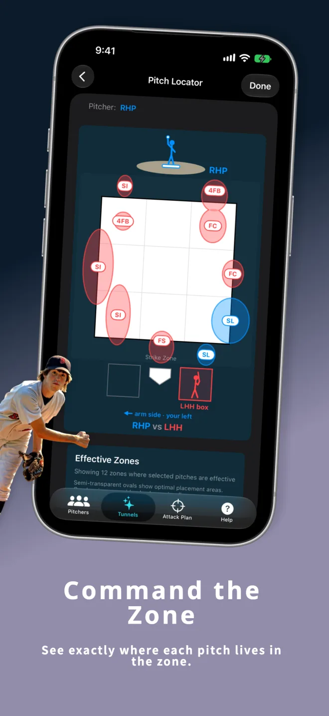 PitchTunnels v1.4 Pitch Locator on iPhone — effective zones for each pitch plotted around the strike zone