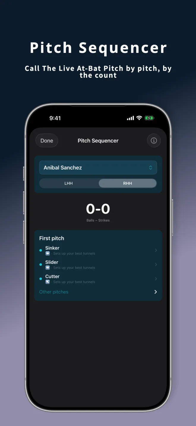 PitchTunnels v1.4 Pitch Sequencer on iPhone — a live 0-0 count recommending a first pitch: Sinker, Slider or Cutter