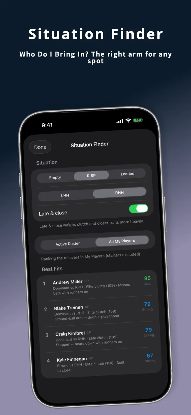 PitchTunnels v1.4 Situation Finder on iPhone — relievers ranked as best fits for a runners-in-scoring-position, late-and-close spot