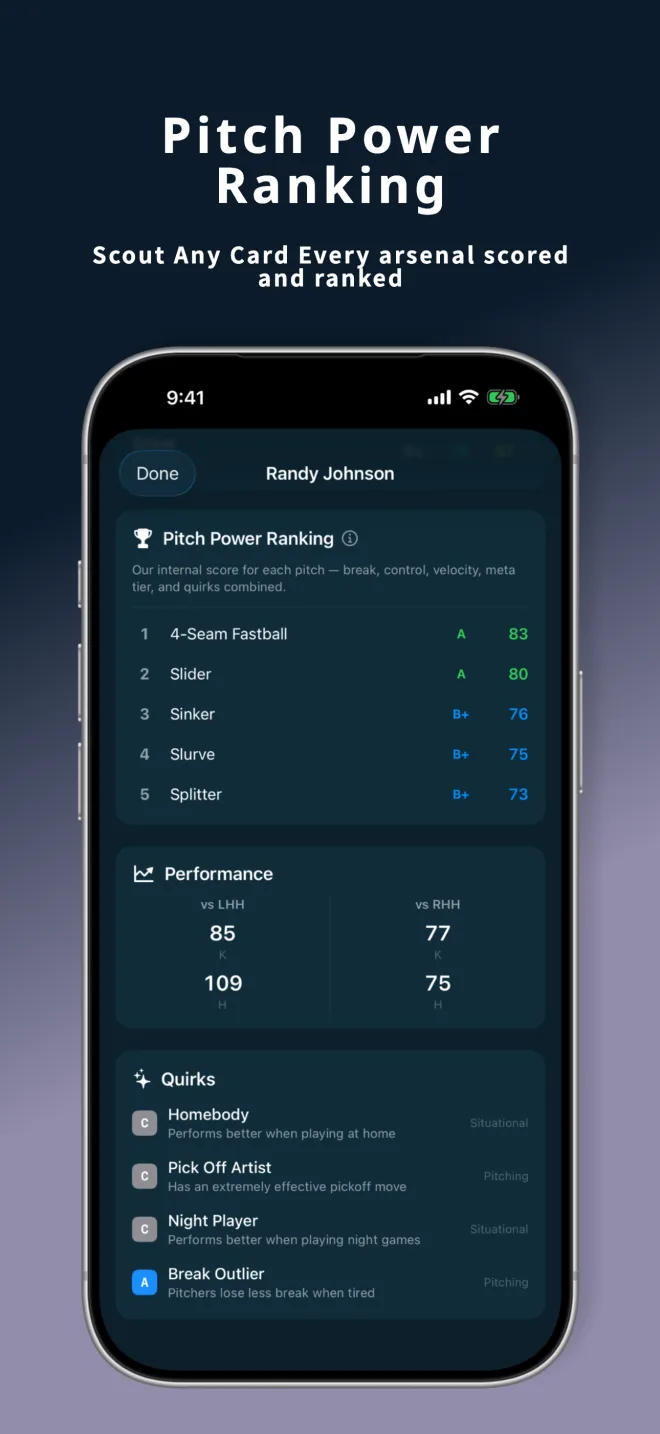 PitchTunnels v1.4 Pitch Power Ranking on iPhone — a pitcher's arsenal scored and ranked, with handedness splits and quirks